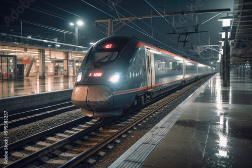 High speed train stopping at platform. Generative AI