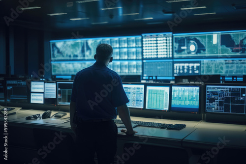 The Central Nerve Center, A Security Officer Monitoring The Central Control Panel. Generative AI © AIproduction