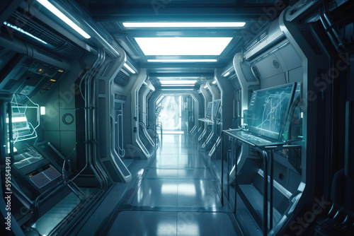 Steel structures tunnels as sci-fi living apartments complex space station. Generative AI