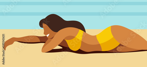 vector image of a beautiful slim girl in a yellow swimsuit sunbathing on the beach on the sea or ocean shore. elements are isolated. useful for advertising summer holidays, hotels, resorts, beaches.