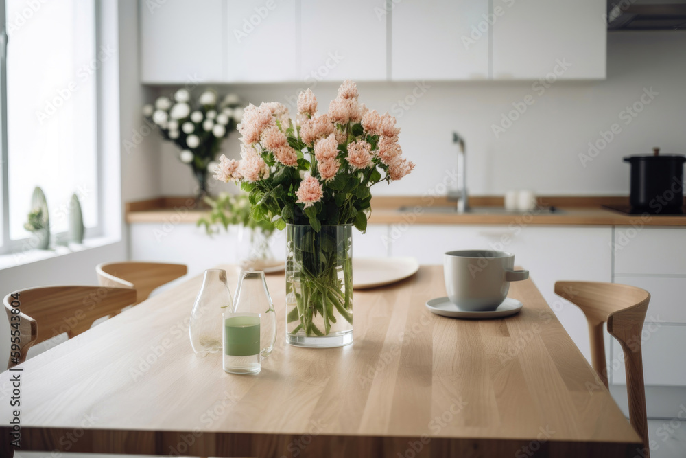 Minimalist modern kitchen with bouquet of flowers on the wooden table. Generative AI