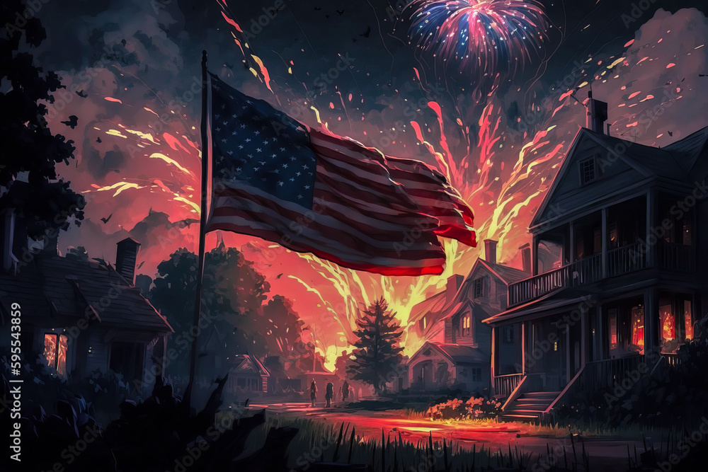 Obraz premium Fireworks and big flag usa at night village. Independence day