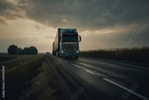Modern semi-trailer trucks on the highway. Generative AI © AIproduction
