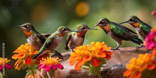 A group of hummingbirds sipping nectar from brightly colored flowers, concept of Pollination ecology, created with Generative AI technology