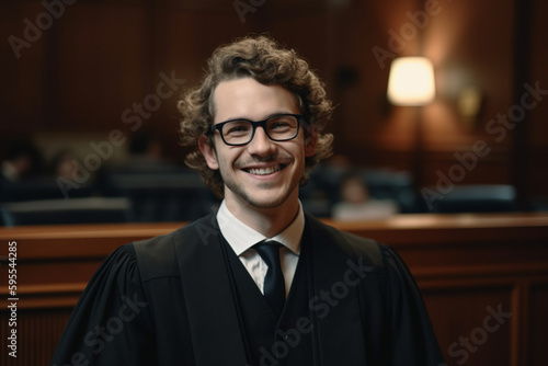 Foto young law university graduate in the courtroom, in the gown, after successfully