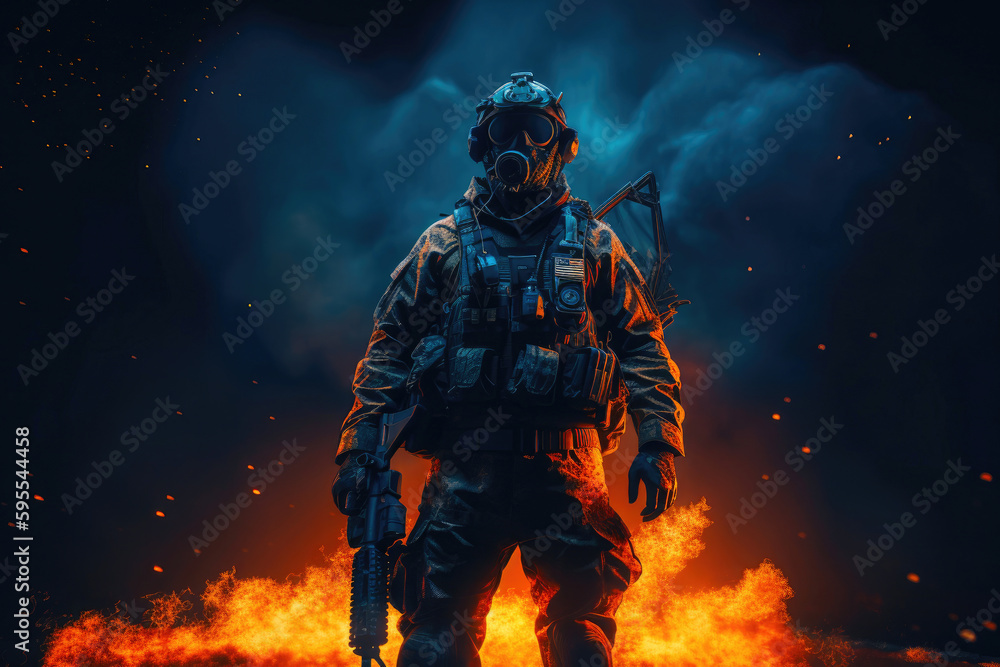 Soldier character at war. Explosion and fire. Generative AI