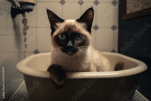 AI-generated image of adorable Siamese feline in bathtub. Generative AI