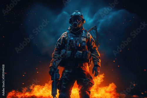 Soldier character at war. Explosion and fire. Generative AI