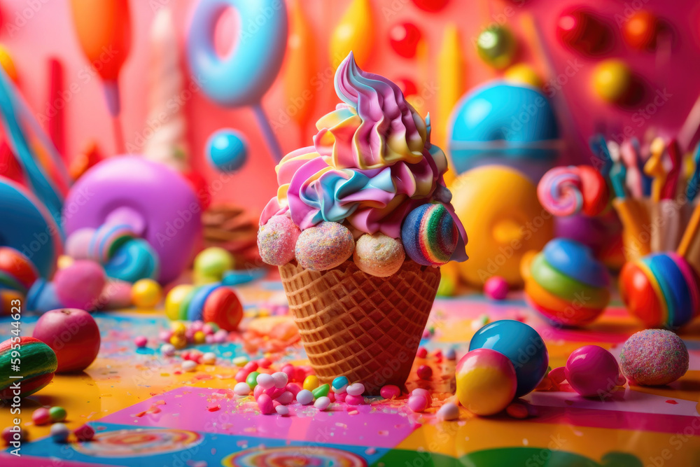 Ice cream with cone in candy land. Generative AI