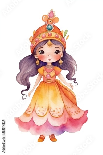 beautiful watercolor indian princess, fairytale, clipart illustration, isolated on white. Generative AI