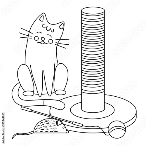 Set of elements for animals, cats, claw sharpener, toy mouse, ball on a stick, cute cat.