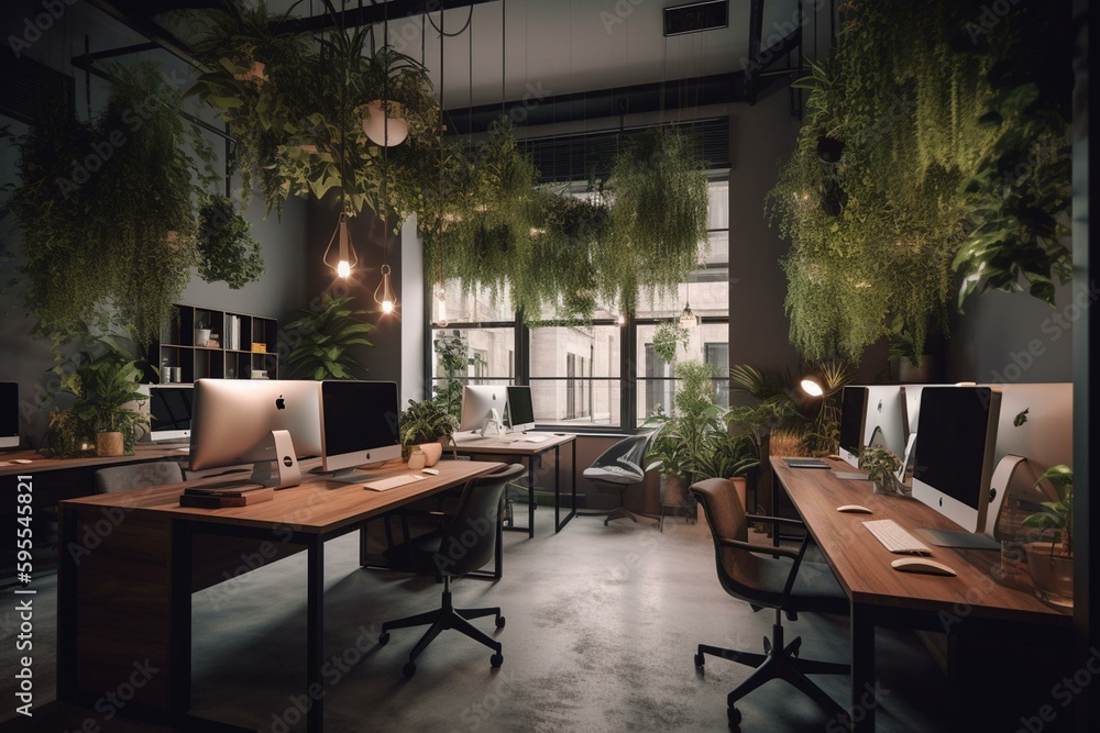 Modern 3D office with lush greenery. Generative AI
