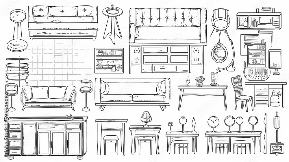 Furniture set. Interior, furniture and plants. Black and white illustration, living or bedroom object set. Generative AI