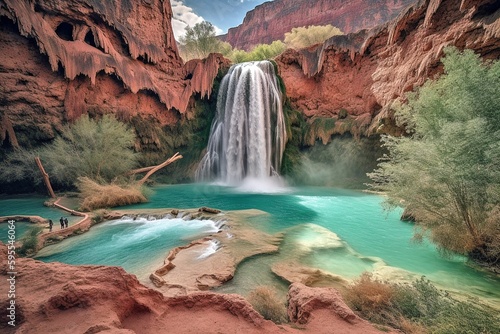 Havasu Falls, Havasupai Indian Reservation, Arizona, USA, Turquoise Waters, Red Rocks, Natural Beauty, Generative AI