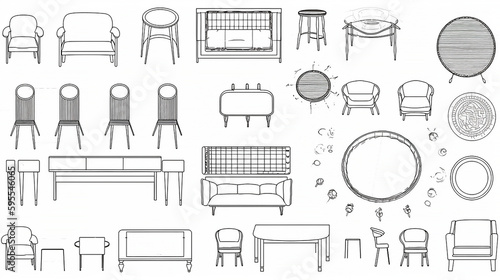 Furniture set. Interior, furniture and plants. Black and white illustration, living or bedroom object set. Generative AI