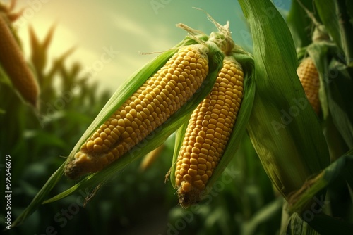 Corn cobs soar over verdant backdrop. CGI. Generative AI