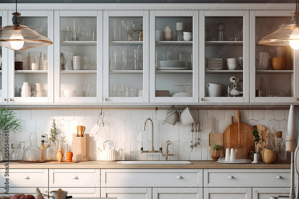 Opened white glass cabinet with clean dishes and decor. Scandinavian style kitchen interior. Organization of storage in kitchen. Generative AI	 - obrazy, fototapety, plakaty 