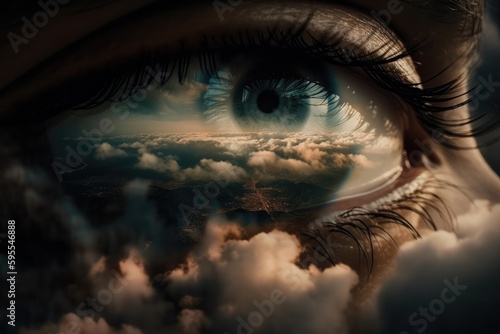 Dream and imagination through human vision eye sight into the cloud in sky. distinct generative AI image. photo
