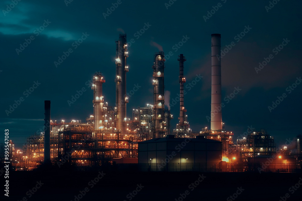 Night view of production, plant, factory with brightly lit smoking chimneys. 