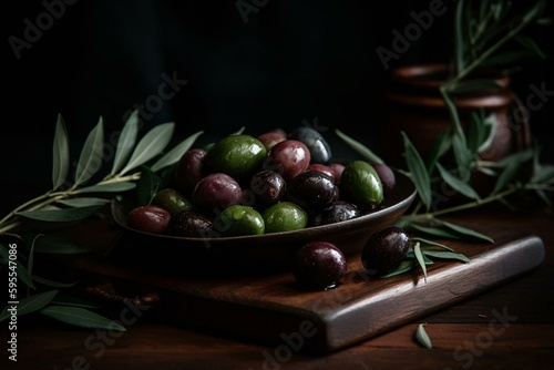 Savory olives with their leaves removed. Generative AI