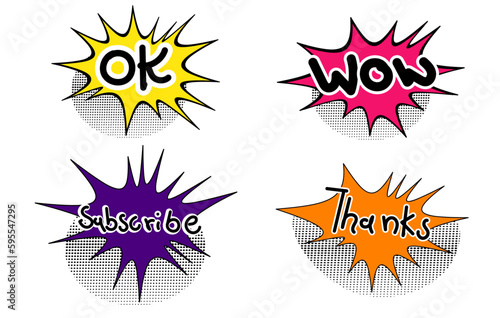 Exclamation texting comic signs on speech bubbles. Cartoon crash, ok, thanks,subscribe and wow comic sign vector set