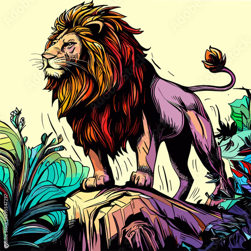 Colored vector  inked style lion wall art