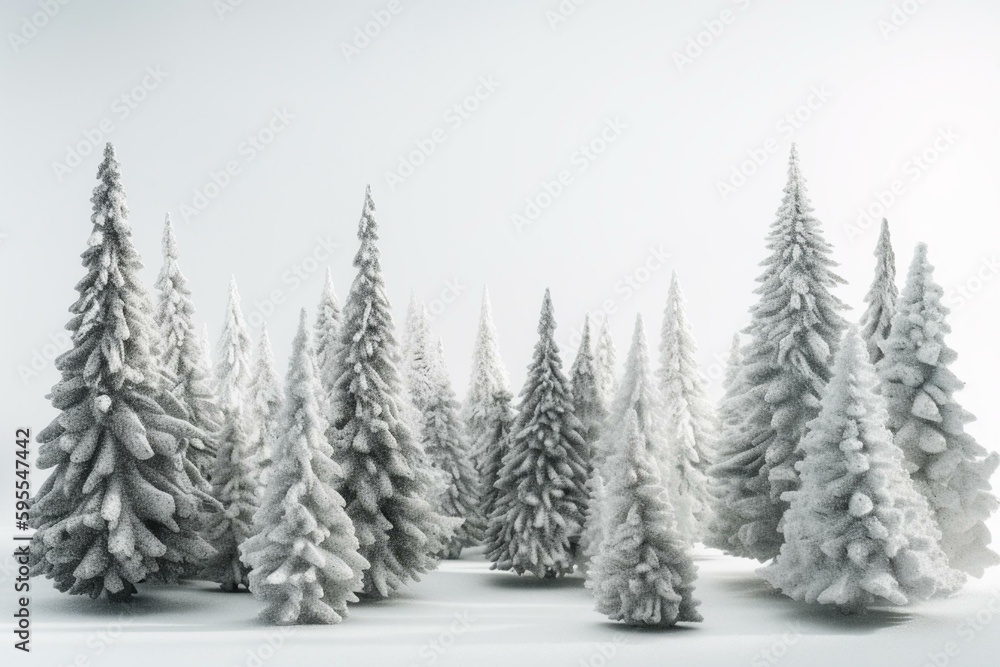 A white background showcases frozen, snow-covered spruce trees as a group. Generative AI