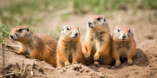 A group of prairie dogs popping in and out of their burrows on the grassy plain, concept of Burrow dwellers' behavior, created with Generative AI technology