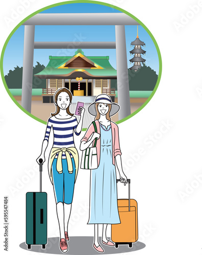 女子旅で寺社仏閣を訪れる観光客