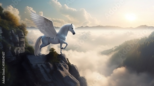 A white pegasus unicorn is perched on a cliff high above the clouds. Generative AI © Kateryna Kordubailo
