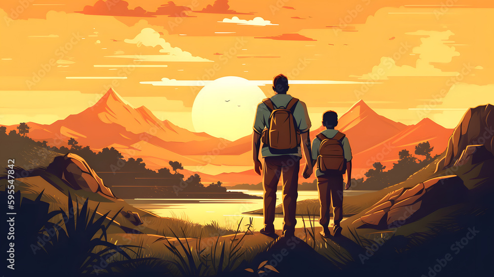 father and son journey at sunset Generative AI