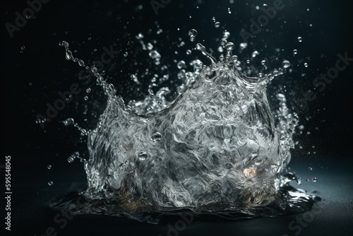 Clean ice water wave with round splashes and ice cubes. Healthy drink splash concept. Generative AI