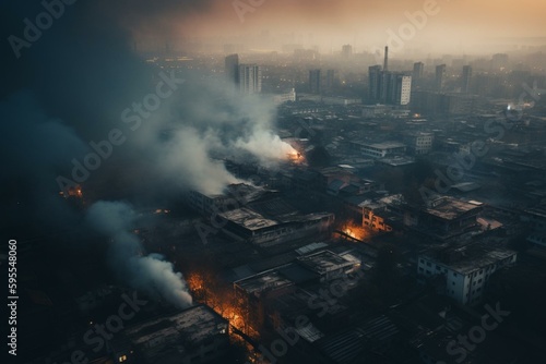 Factory in urban area emitting smoke and causing city smog. Generative AI