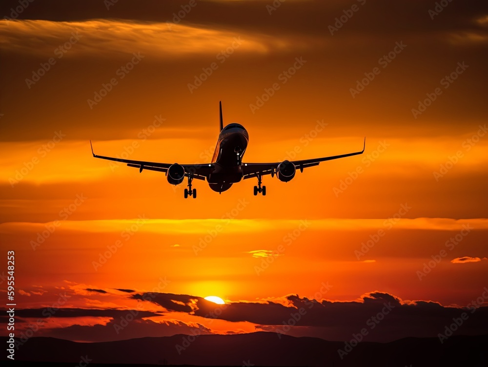 Commercial Plane Silhouetted Against the Vibrant Colors of a Stunning Sunset 