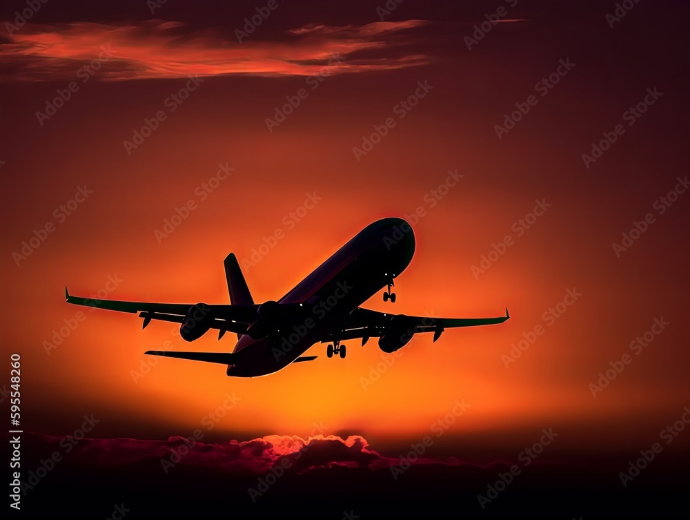 Commercial Plane Silhouetted Against the Vibrant Colors of a Stunning Sunset 