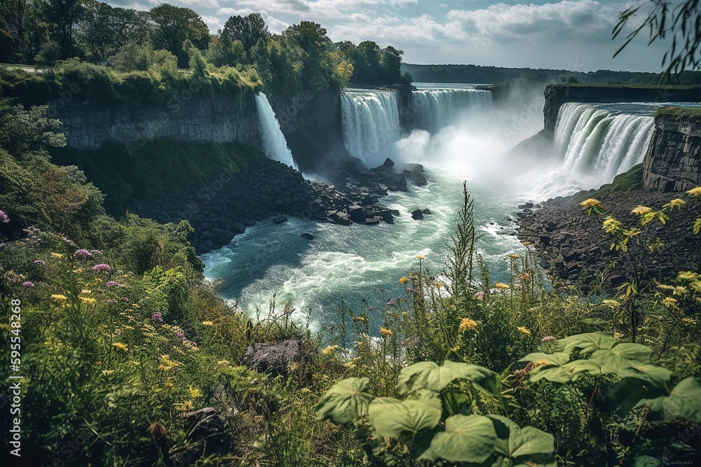 Niagara Falls Splendor: Canadian Side, Powerful Cascade, Lush Greenery, Stunning Landscape, Captivating Beauty, Generative AI