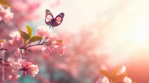 Spring background with pink blossom and fly butterfly