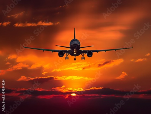 Commercial Plane Silhouetted Against the Vibrant Colors of a Stunning Sunset 