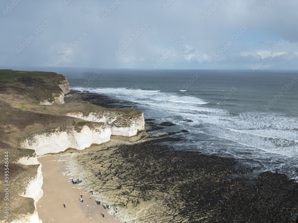 Flamborough north bay on the North Sea. Jurassic rugged chalk cliff coastline East Yorkshire. England Flamborough north bay on the North Sea. Jurassic rugged chalk cliff coastline East Yorkshire. England