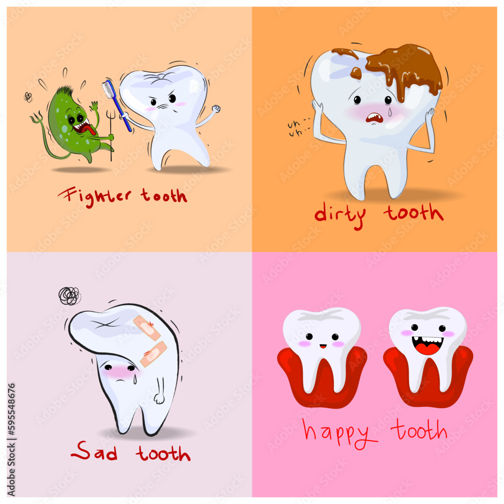 set of cartoon tooth happy healthy icon character in flat design vector illustration. Dental  element concept.