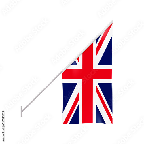 Flag of Great Britain on wall mounted angled flagpole isolated on white background. Hanging textile United Kingdom flag on metal pole