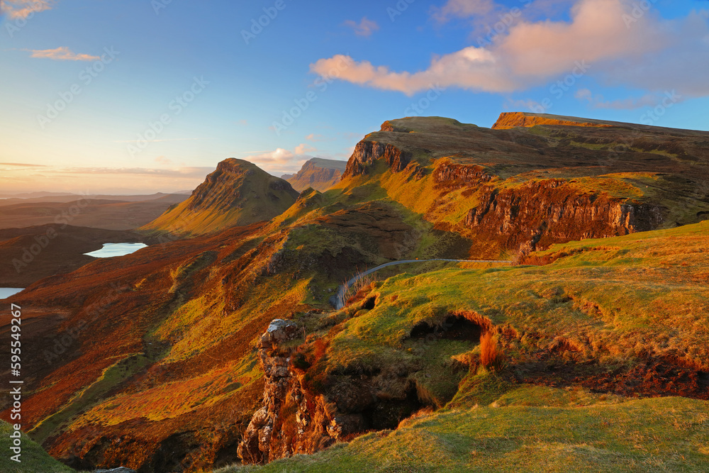 Morning sunlight on the Quiraing, Isle of Skye, Scotland, UK.