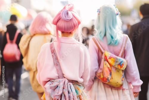 Back view of young woman in Japanese Harajuku street fashion style with pink hair and cute clothes. 