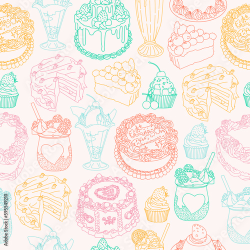 This is a rainbow pattern featuring various types of baked goods such as cakes, pies, tarts, and muffins arranged in a vector format. The bakery items are hand-drawn and have a sketchy style.