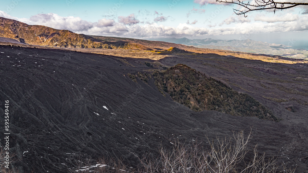 Magmatic soil and volcanic rocks. Irregularity of the ground on the slopes of a large volcano. Craters, furrows, holes and large dark rocks. Valleys of eruptive origin, desertification and drought. Magmatic soil and volcanic rocks. Irregularity of the ground on the slopes of a large volcano. Craters, furrows, holes and large dark rocks. Valleys of eruptive origin, desertification and drought.