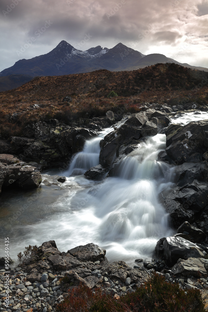 Beautiful Waterfall at Sligachan, Isle of Skye, Scotland, UK.