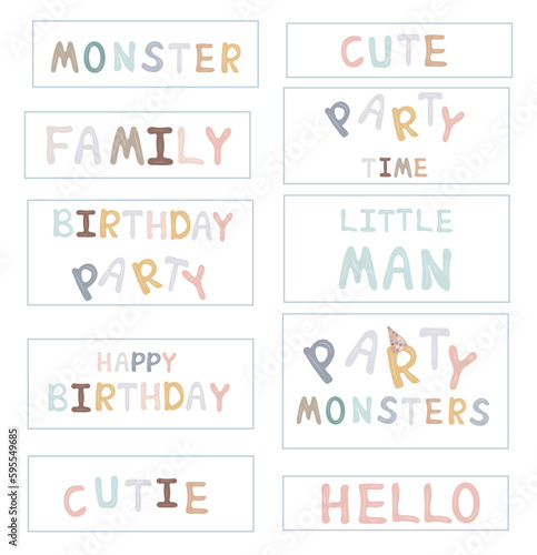 Colorful letters in vector. Happy birthday - cute hand drawn doodle lettering postcard. Monster, family, little man, cutie, happy birthday - label for banner, t-shirt design.Social media, web design.