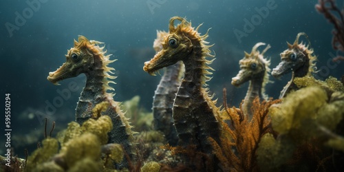 A group of seahorses holding onto seaweed with their tails in a coral reef, concept of Marine biodiversity, created with Generative AI technology © koldunova