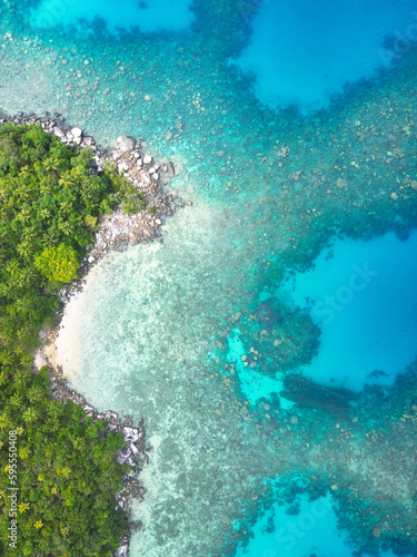 Indonesia Anambas Islands - Drone view Telaga Island coast line with shipwreck