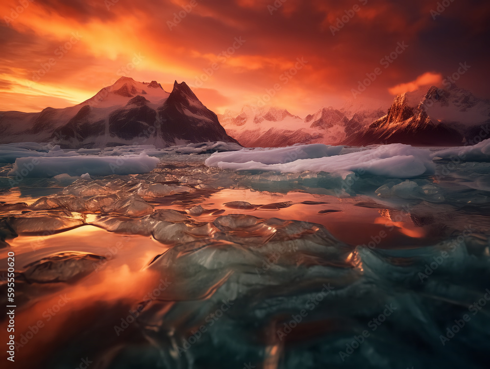 Glacier Sunrise Warm Hues
A mesmerizing image of a glacier at sunrise, showcasing warm colors reflecting on the ice for a striking contrast